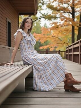 English Factory Plaid Midi Dress Ruffled Neck Sleeveless Peasant Cottage Rodeo M